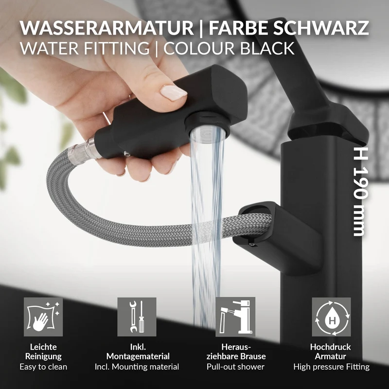 Waschtischarmatur fürs Badezimmer 160x50x190 mm Schwarz matt aus Messing inkl. herausziehbarer Brause von LuxeBath