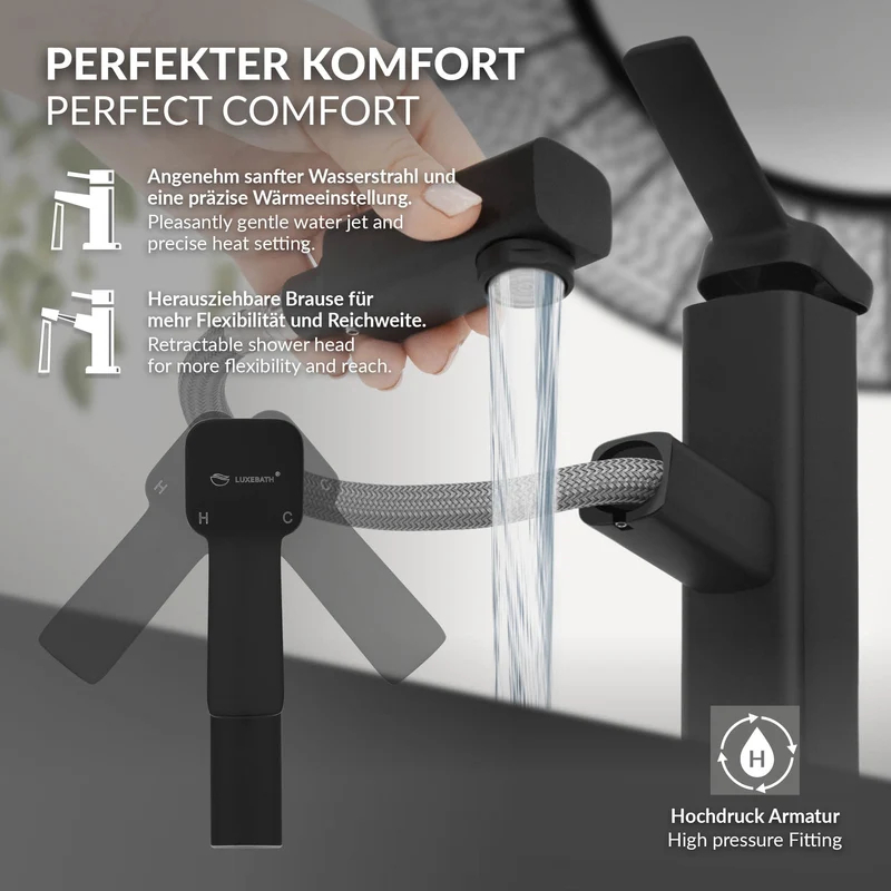 Waschtischarmatur fürs Badezimmer 160x50x190 mm Schwarz matt aus Messing inkl. herausziehbarer Brause von LuxeBath