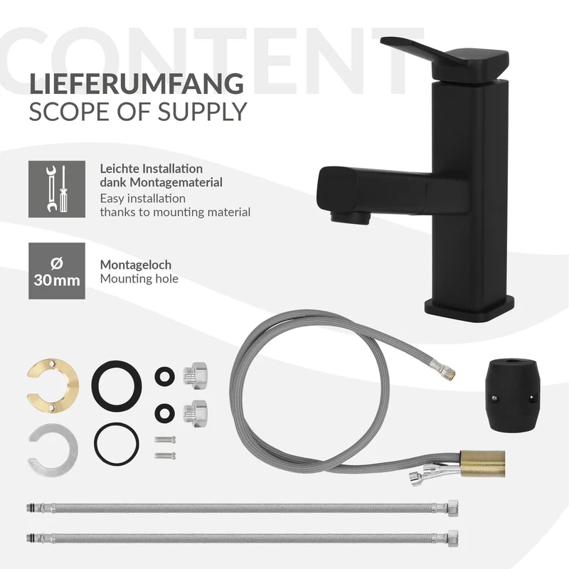 Waschtischarmatur fürs Badezimmer 160x50x190 mm Schwarz matt aus Messing inkl. herausziehbarer Brause von LuxeBath