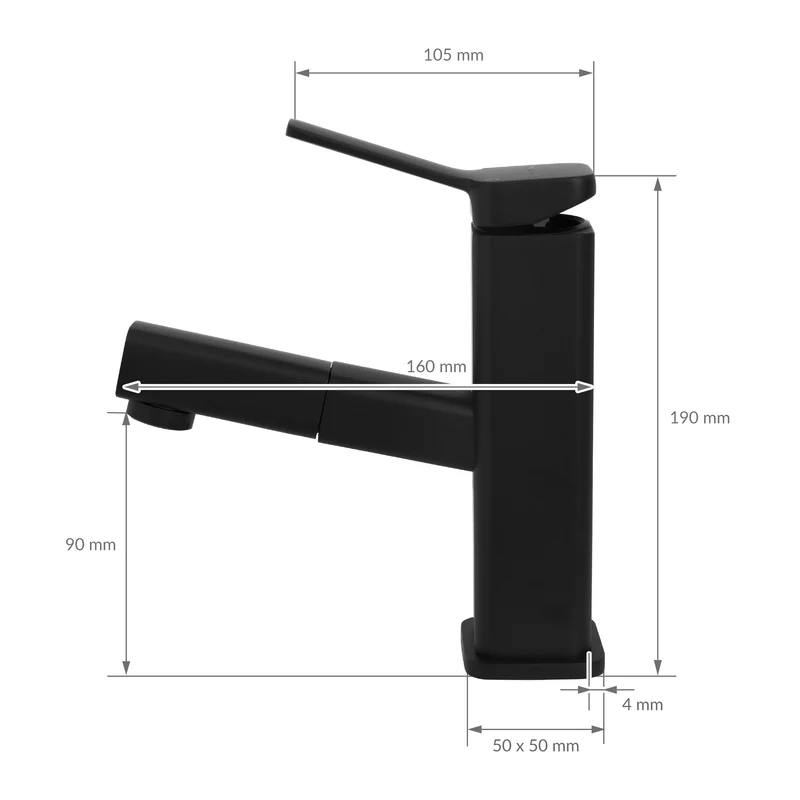Waschtischarmatur fürs Badezimmer 160x50x190 mm Schwarz matt aus Messing inkl. herausziehbarer Brause von LuxeBath
