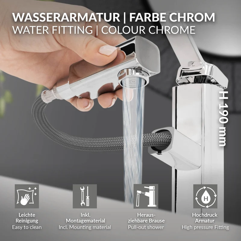 Waschtischarmatur fürs Badezimmer 160x50x190 mm Chrom aus Messing inkl. herausziehbarer Brause von LuxeBath