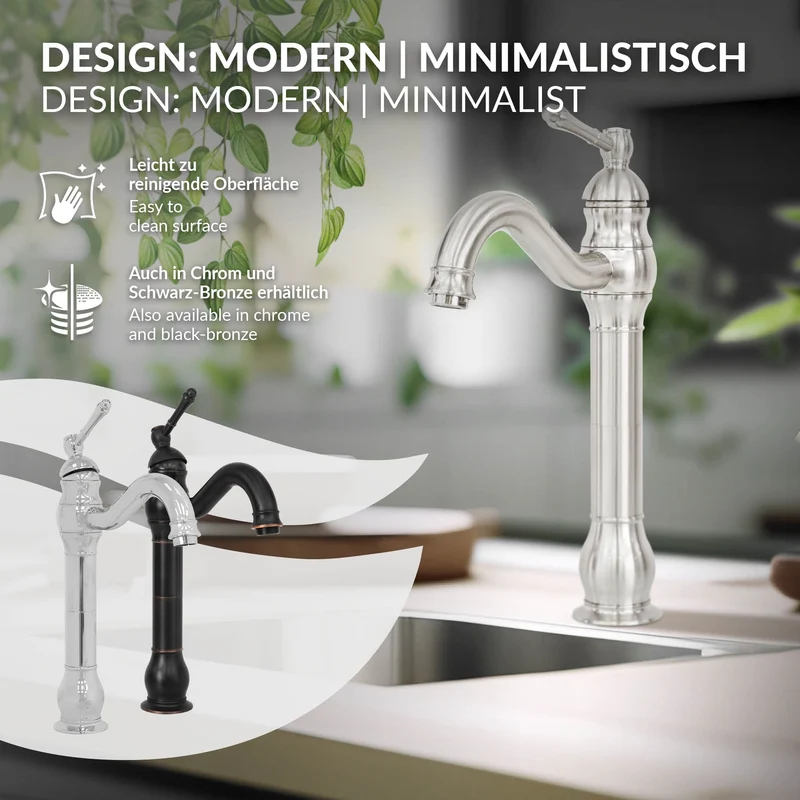Waschtischarmatur fürs Badezimmer Silber aus gebürsteter Edelstahl von LuxeBath