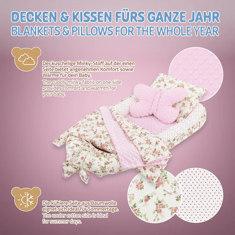 Babynest Set 5 Tlg. 90x50 cm Blumenmuster aus Baumwolle Joyz