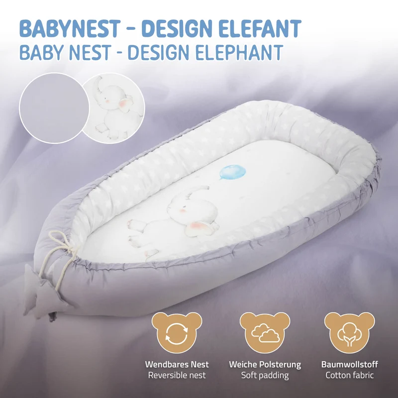 Babynest wendbarer Bezug 90x50 cm Hellgrau aus Baumwolle Joyz