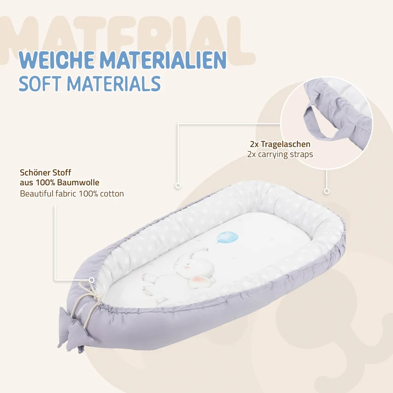 Babynest wendbarer Bezug 90x50 cm Hellgrau aus Baumwolle Joyz