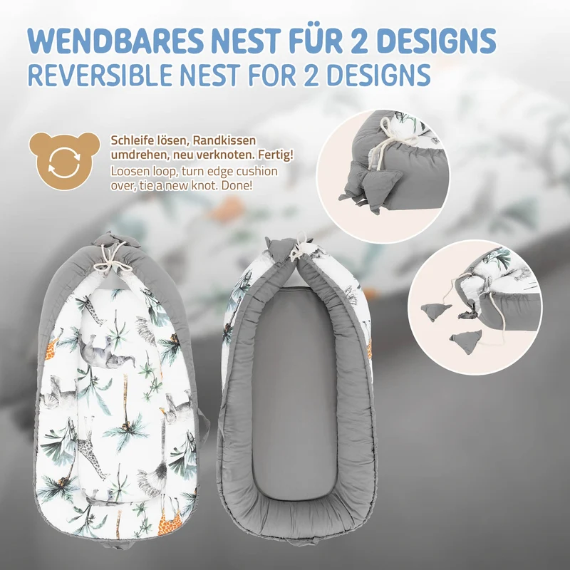 Babynest wendbarer Bezug 90x50 cm Dunkelgrau aus Baumwolle Joyz