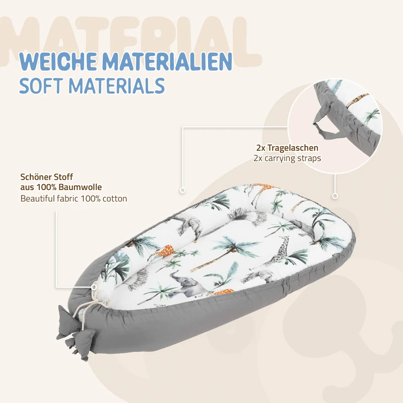 Babynest wendbarer Bezug 90x50 cm Dunkelgrau aus Baumwolle Joyz
