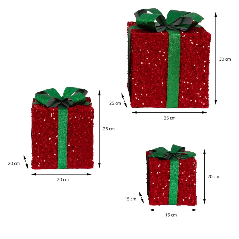 Deko Weihnachtsgeschenke 3er Set mit LEDs Grün/Rot mit Schleifen und Timer