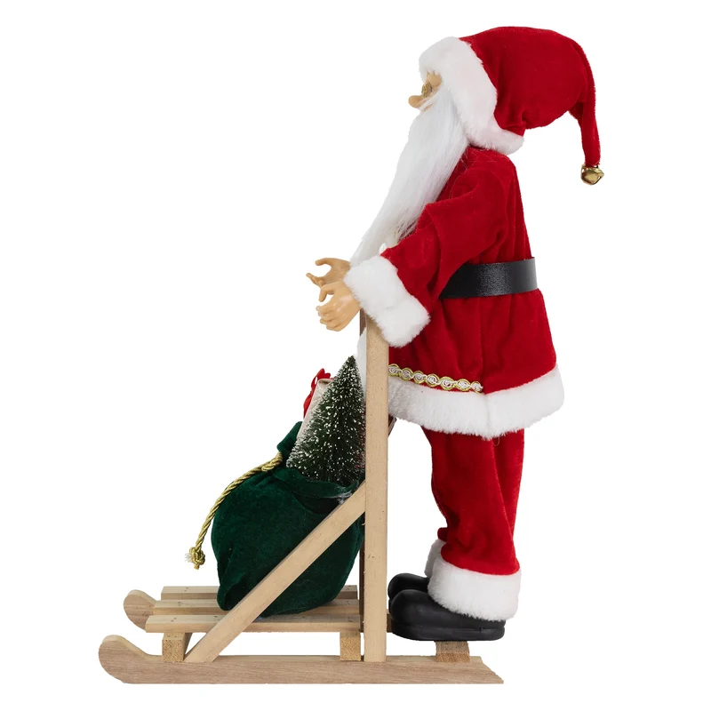 Weihnachtsmann Dekofigur 50 cm mit Holzschlitten aus Kunststoff und Holz