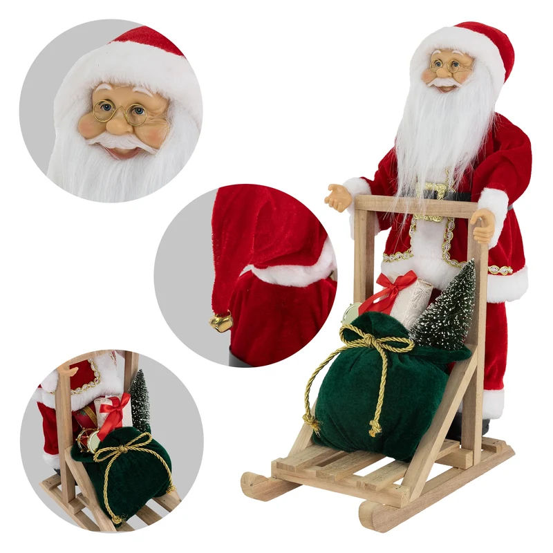 Weihnachtsmann Dekofigur 50 cm mit Holzschlitten aus Kunststoff und Holz