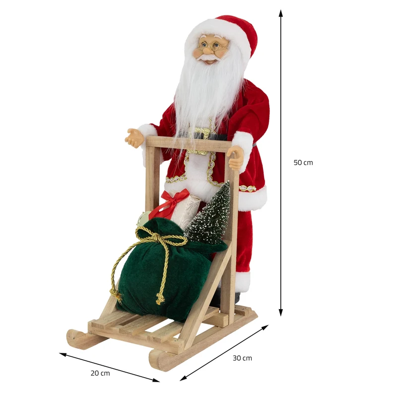 Weihnachtsmann Dekofigur 50 cm mit Holzschlitten aus Kunststoff und Holz
