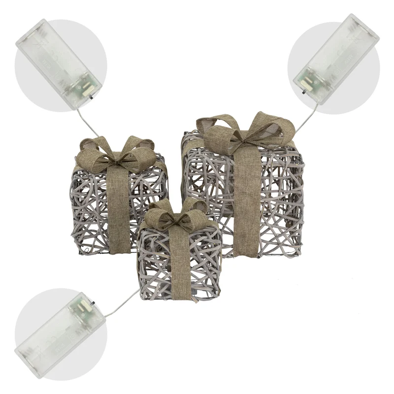 LED Weihnachtsgeschenke 3er Set Grau mit Schleifen und Timer