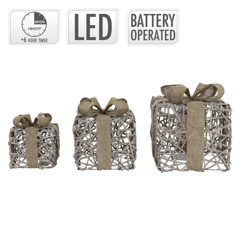 LED Weihnachtsgeschenke 3er Set Grau mit Schleifen und Timer