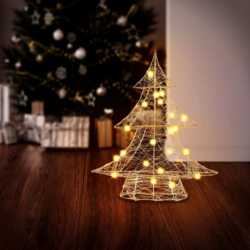 Deko Weihnachtsbaum 40 cm hoch Gold aus Metall mit warmweißen LEDs