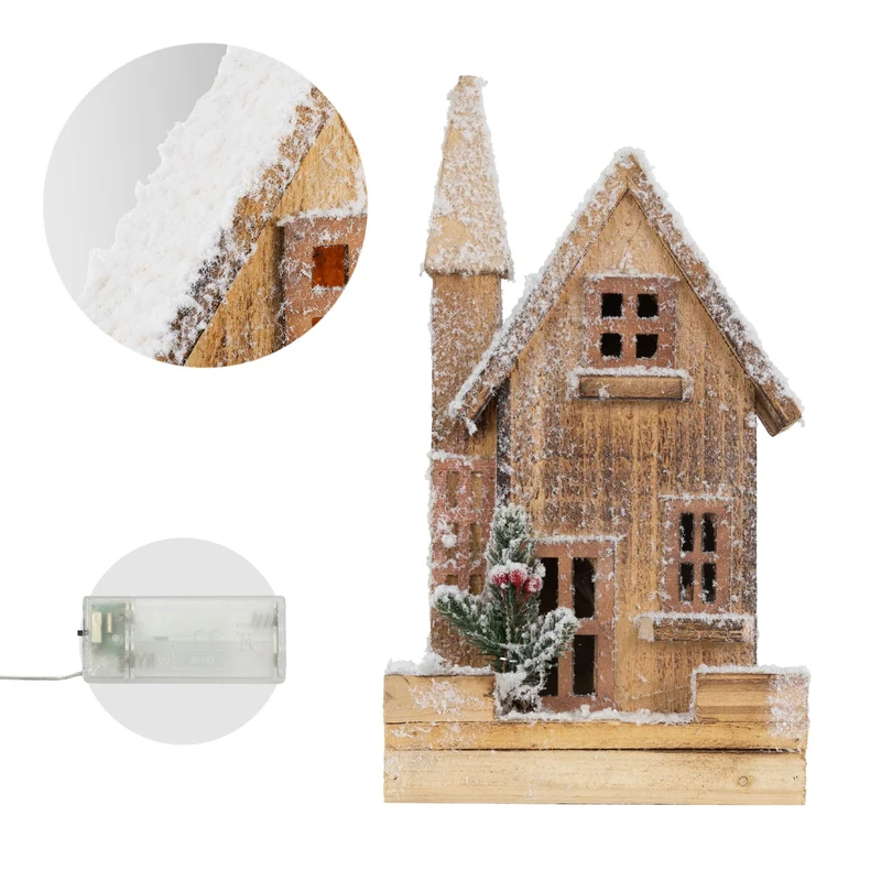 Deko Weihnachtshaus schneebedeckt mit LED Beleuchtung 33 x 19 cm aus Holz