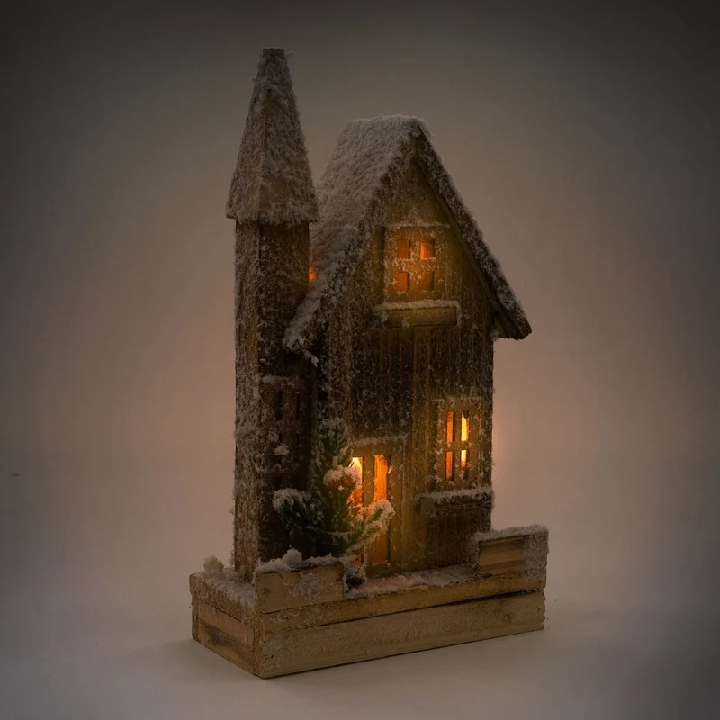 Deko Weihnachtshaus schneebedeckt mit LED Beleuchtung 33 x 19 cm aus Holz