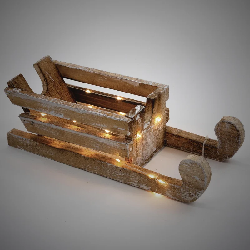 Deko Holzschlitten mit LED Lichterkette warmweiß aus Holz