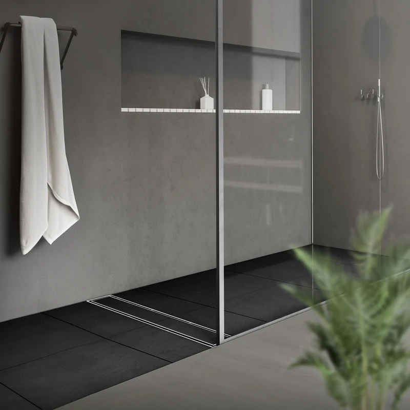 Edelstahl Duschrinne befliesbar 100 cm und Siphon Komplettset Silber flach LuxeBath