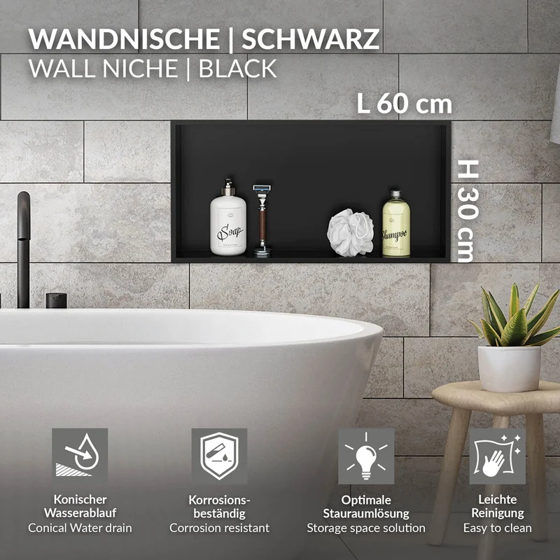 Duschnische 60x30 cm Schwarz aus Edelstahl Wandnische Duschablage LuxeBath