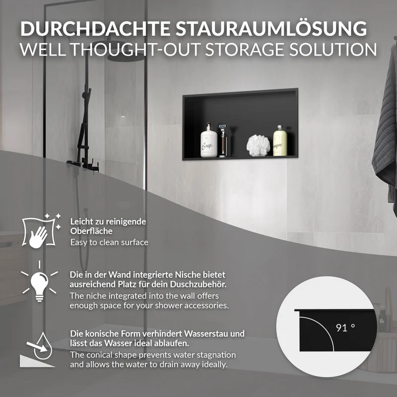 Duschnische 60x30 cm Schwarz aus Edelstahl Wandnische Duschablage LuxeBath