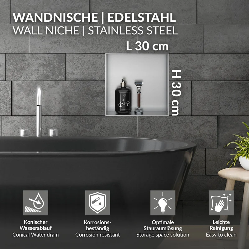 Duschnische 30x30 cm Silber aus Edelstahl Unterputz Rahmen Wandnische Duschablage LuxeBath