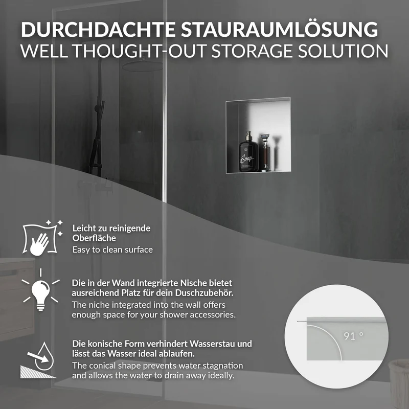 Duschnische 30x30 cm Silber aus Edelstahl Unterputz Rahmen Wandnische Duschablage LuxeBath