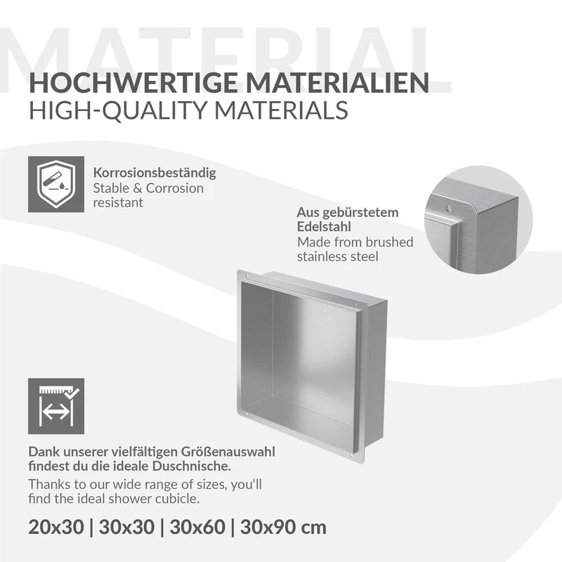 Duschnische 30x30 cm Silber aus Edelstahl Unterputz Rahmen Wandnische Duschablage LuxeBath