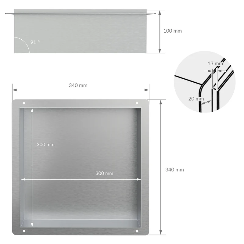 Duschnische 30x30 cm Silber aus Edelstahl Unterputz Rahmen Wandnische Duschablage LuxeBath