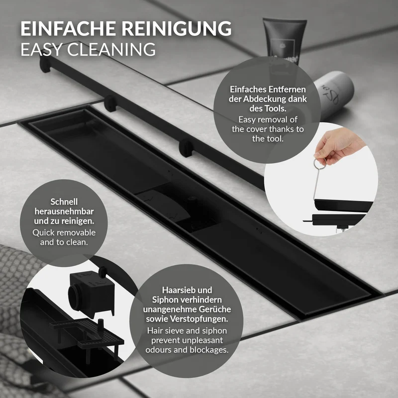 Edelstahl Duschrinne befliesbar 80 cm und Siphon Komplettset Schwarz flach LuxeBath