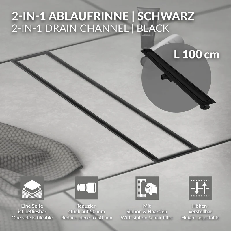Edelstahl Duschrinne befliesbar 100 cm und Siphon Komplettset Schwarz flach LuxeBath