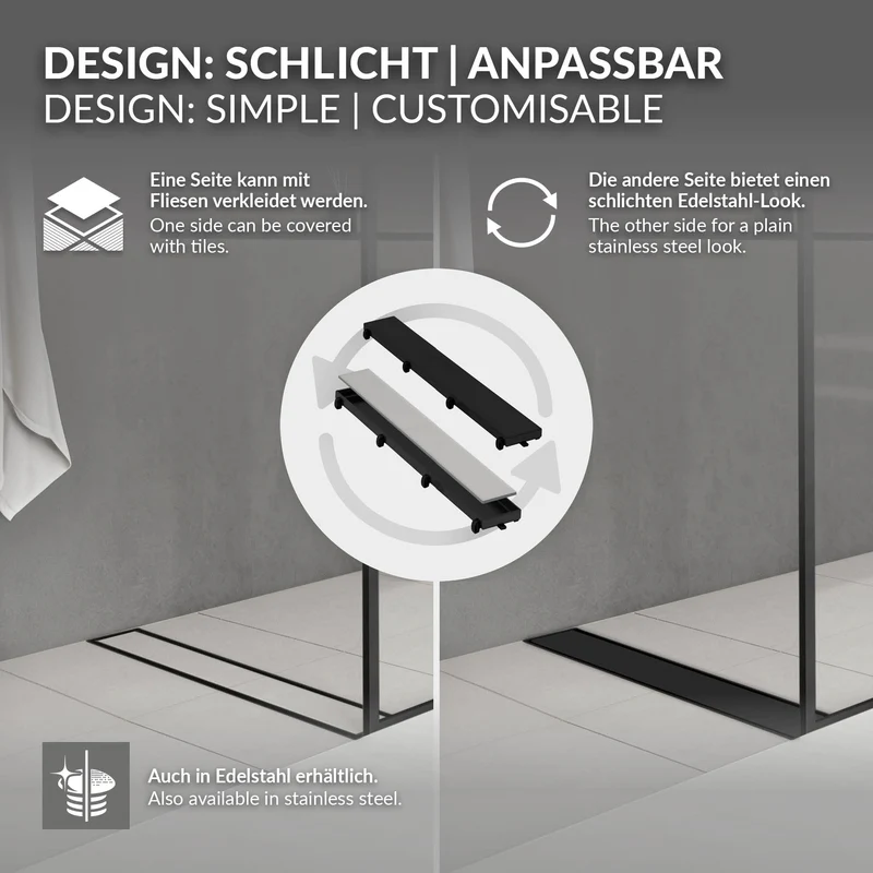 Edelstahl Duschrinne befliesbar 100 cm und Siphon Komplettset Schwarz flach LuxeBath