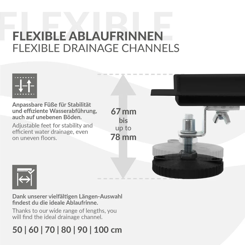 Edelstahl Duschrinne befliesbar 100 cm und Siphon Komplettset Schwarz flach LuxeBath