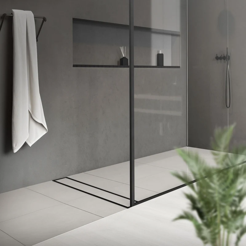 Edelstahl Duschrinne befliesbar 100 cm und Siphon Komplettset Schwarz flach LuxeBath
