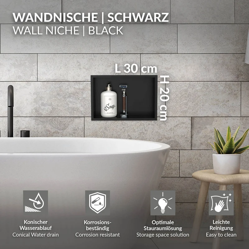 Duschnische 30x20 cm Schwarz aus Edelstahl Wandnische Duschablage LuxeBath