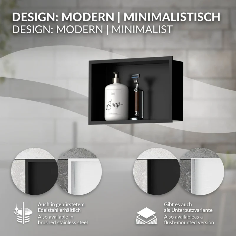 Duschnische 30x20 cm Schwarz aus Edelstahl Wandnische Duschablage LuxeBath