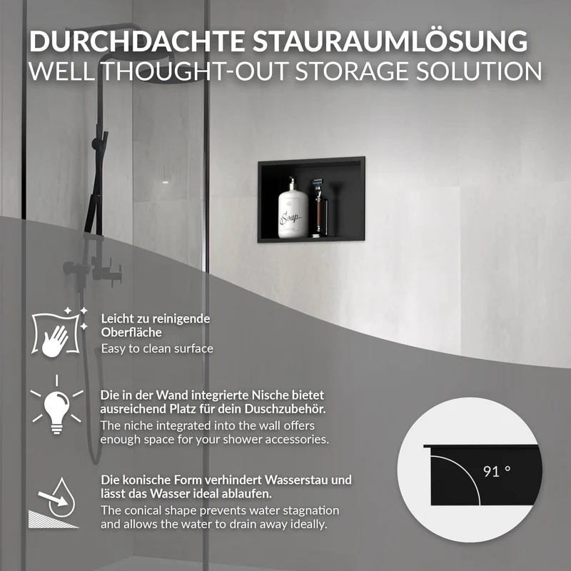 Duschnische 30x20 cm Schwarz aus Edelstahl Wandnische Duschablage LuxeBath