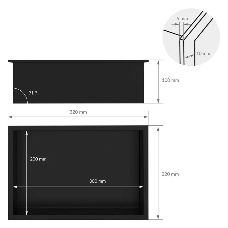 Duschnische 30x20 cm Schwarz aus Edelstahl Wandnische Duschablage LuxeBath