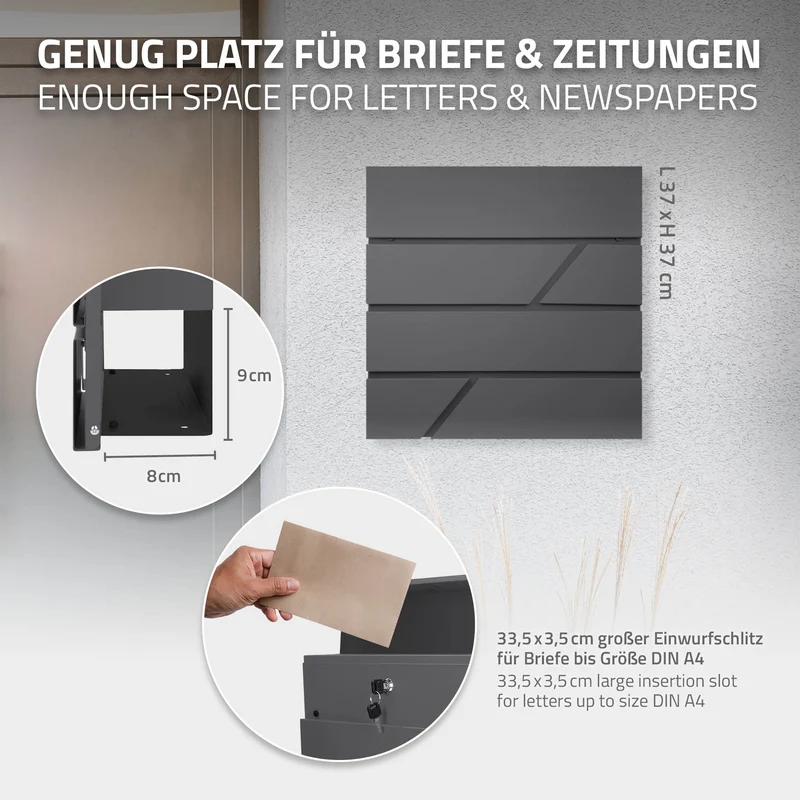 Standbriefkasten mit Zeitungsfach 37x37x11 cm Anthrazit inkl. Ständer H:120 cm ML-Design