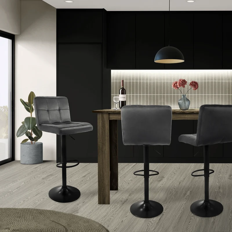 Barhocker 4er Set Grau Samtbezug mit Rückenlehne und Fußstütze höhenverstellbar 63-83cm ML-Design
