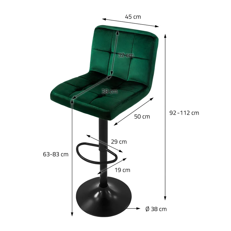 Barhocker 4er Set Grün Samtbezug mit Rückenlehne und Fußstütze höhenverstellbar 63-83cm ML-Design