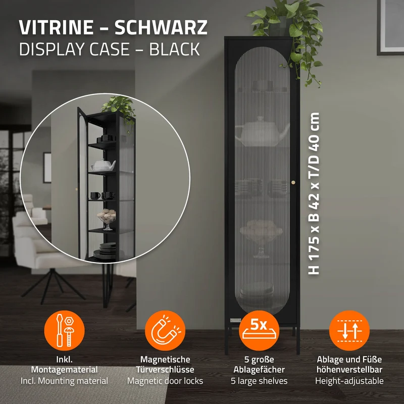 Vitrinenschrank 42x175x40 cm Vitrine mit 4 Einlegeböden Schwarz aus Stahl ML-Design