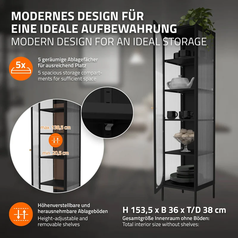 Vitrinenschrank 42x175x40 cm Vitrine mit 4 Einlegeböden Schwarz aus Stahl ML-Design