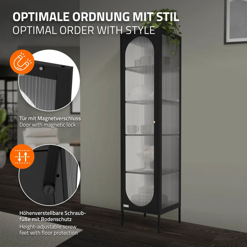 Vitrinenschrank 42x175x40 cm Vitrine mit 4 Einlegeböden Schwarz aus Stahl ML-Design