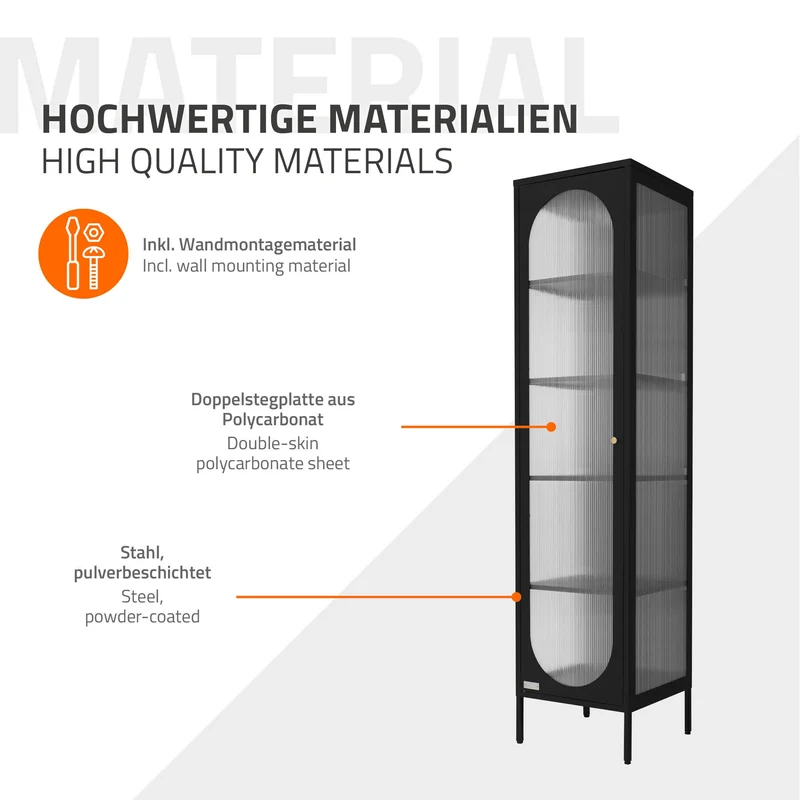 Vitrinenschrank 42x175x40 cm Vitrine mit 4 Einlegeböden Schwarz aus Stahl ML-Design