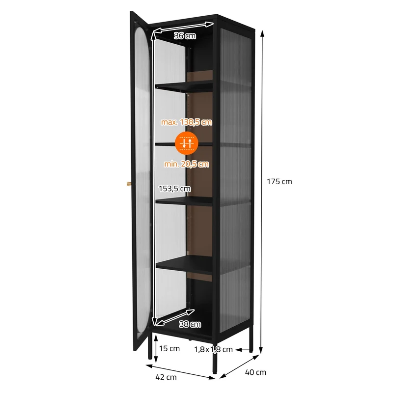 Vitrinenschrank 42x175x40 cm Vitrine mit 4 Einlegeböden Schwarz aus Stahl ML-Design