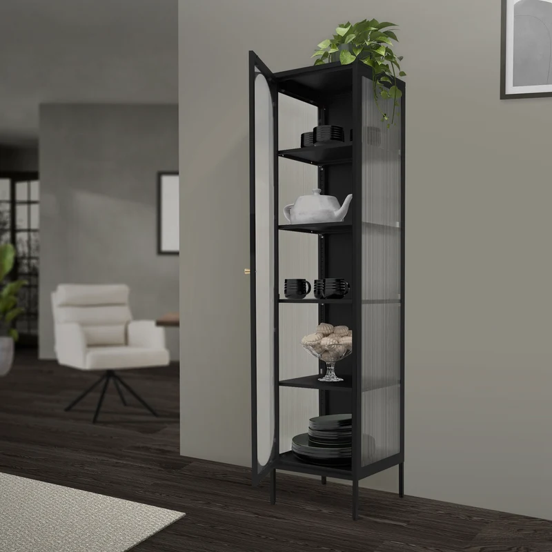 Vitrinenschrank 42x175x40 cm Vitrine mit 4 Einlegeböden Schwarz aus Stahl ML-Design