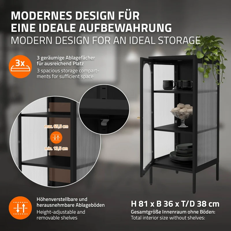 Vitrinenschrank mit Scheibe 42x102,5x40 cm Vitrine mit 2 Einlegeböden Schwarz aus Stahl ML-Design