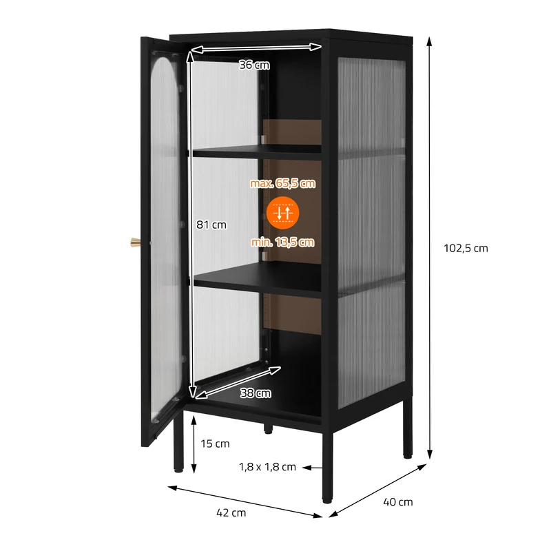 Vitrinenschrank mit Scheibe 42x102,5x40 cm Vitrine mit 2 Einlegeböden Schwarz aus Stahl ML-Design
