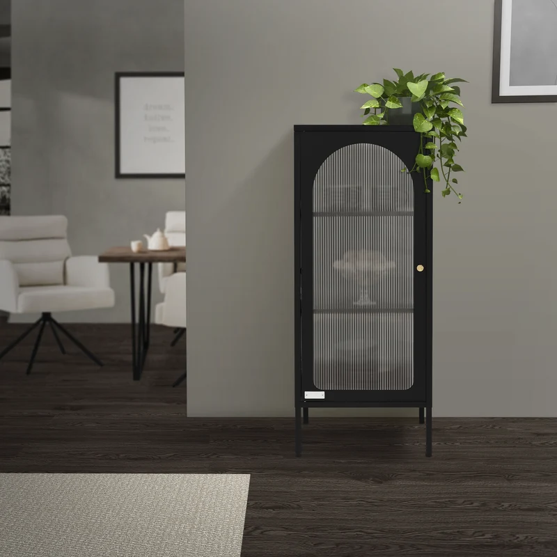 Vitrinenschrank mit Scheibe 42x102,5x40 cm Vitrine mit 2 Einlegeböden Schwarz aus Stahl ML-Design