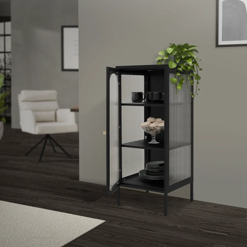Vitrinenschrank mit Scheibe 42x102,5x40 cm Vitrine mit 2 Einlegeböden Schwarz aus Stahl ML-Design